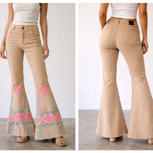 L&B Embroidered Tan Vibrant Aztec Tribal Extreme Flare Wide Leg Jeans